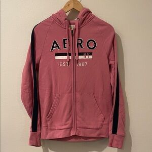 Aeropostale 1987 NY Full-zip Pink Hoodie with Navy Blue Stripes Small